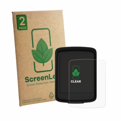 Parte frontale di una confezione del prodotto con il logo del marchio ScreenLeaf. Accanto è raffigurato il dispositivo Bryton 