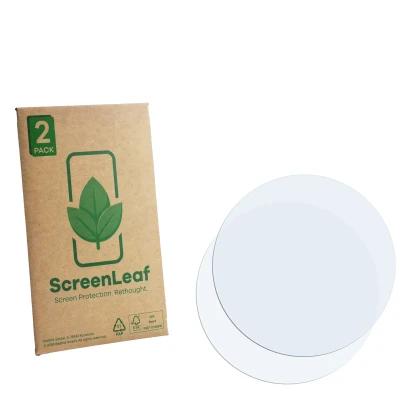 Parte frontale di una confezione del prodotto con il logo del marchio ScreenLeaf. Accanto si trova la protezione per lo scherm