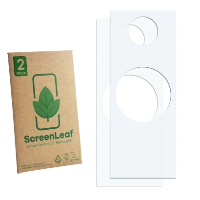 Parte frontale di una confezione del prodotto con il logo del marchio ScreenLeaf. Accanto si trova la protezione per lo scherm