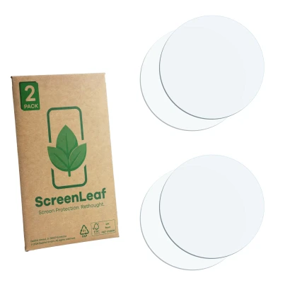 Parte frontale di una confezione del prodotto con il logo del marchio ScreenLeaf. Accanto si trova la protezione per lo scherm