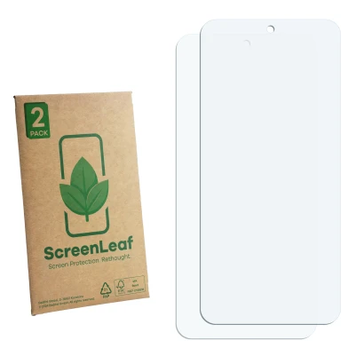 Parte frontale di una confezione del prodotto con il logo del marchio ScreenLeaf. Accanto si trova la protezione per lo scherm