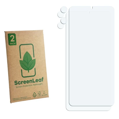 Parte frontale di una confezione del prodotto con il logo del marchio ScreenLeaf. Accanto si trova la protezione per lo scherm