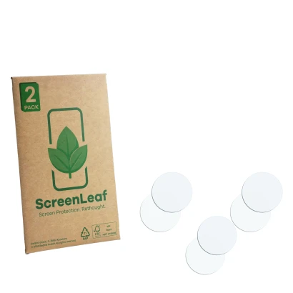 Parte frontale di una confezione del prodotto con il logo del marchio ScreenLeaf. Accanto si trova la protezione per lo scherm