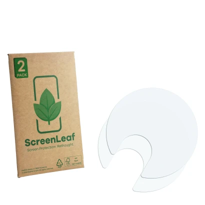 Parte frontale di una confezione del prodotto con il logo del marchio ScreenLeaf. Accanto si trova la protezione per lo scherm