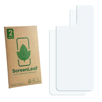Parte frontale di una confezione del prodotto con il logo del marchio ScreenLeaf. Accanto si trova la protezione per lo scherm