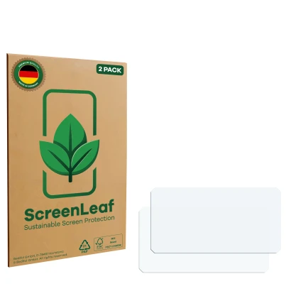 Parte frontale di una confezione del prodotto con il logo del marchio ScreenLeaf. Accanto si trova la protezione per lo scherm