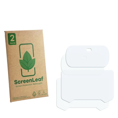 Parte frontale di una confezione del prodotto con il logo del marchio ScreenLeaf. Accanto si trova la protezione per lo scherm