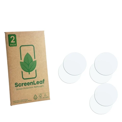 Parte frontale di una confezione del prodotto con il logo del marchio ScreenLeaf. Accanto si trova la protezione per lo scherm