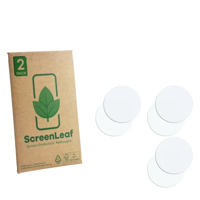 Parte frontale di una confezione del prodotto con il logo del marchio ScreenLeaf. Accanto si trova la protezione per lo scherm