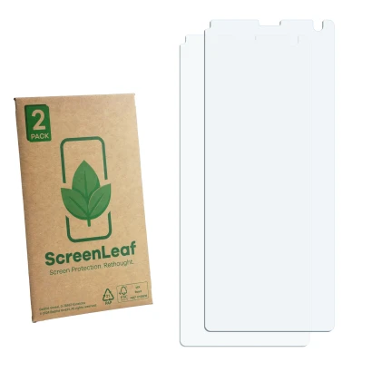 Parte frontale di una confezione del prodotto con il logo del marchio ScreenLeaf. Accanto si trova la protezione per lo scherm