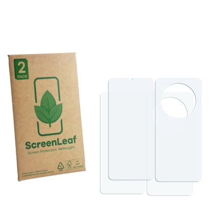 Parte frontale di una confezione del prodotto con il logo del marchio ScreenLeaf. Accanto si trova la protezione per lo scherm