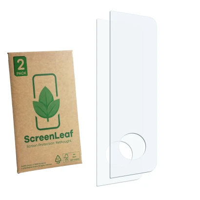 Parte frontale di una confezione del prodotto con il logo del marchio ScreenLeaf. Accanto si trova la protezione per lo scherm