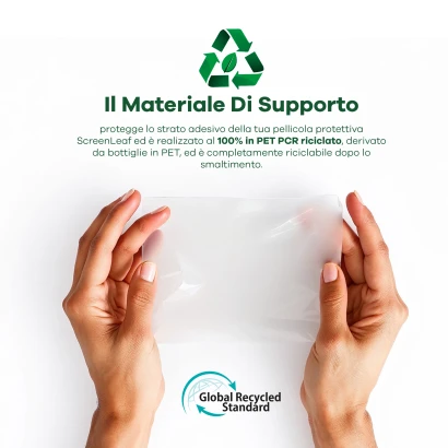 Informazioni sul materiale di supporto riciclato, composto al 100% da PET PCR riciclato. In basso è visibile il logo del "Glob