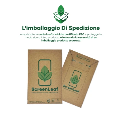 Informazioni sulla busta di spedizione, realizzata in carta kraft riciclata e certificata FSC. L'imballaggio è inoltre raffigu